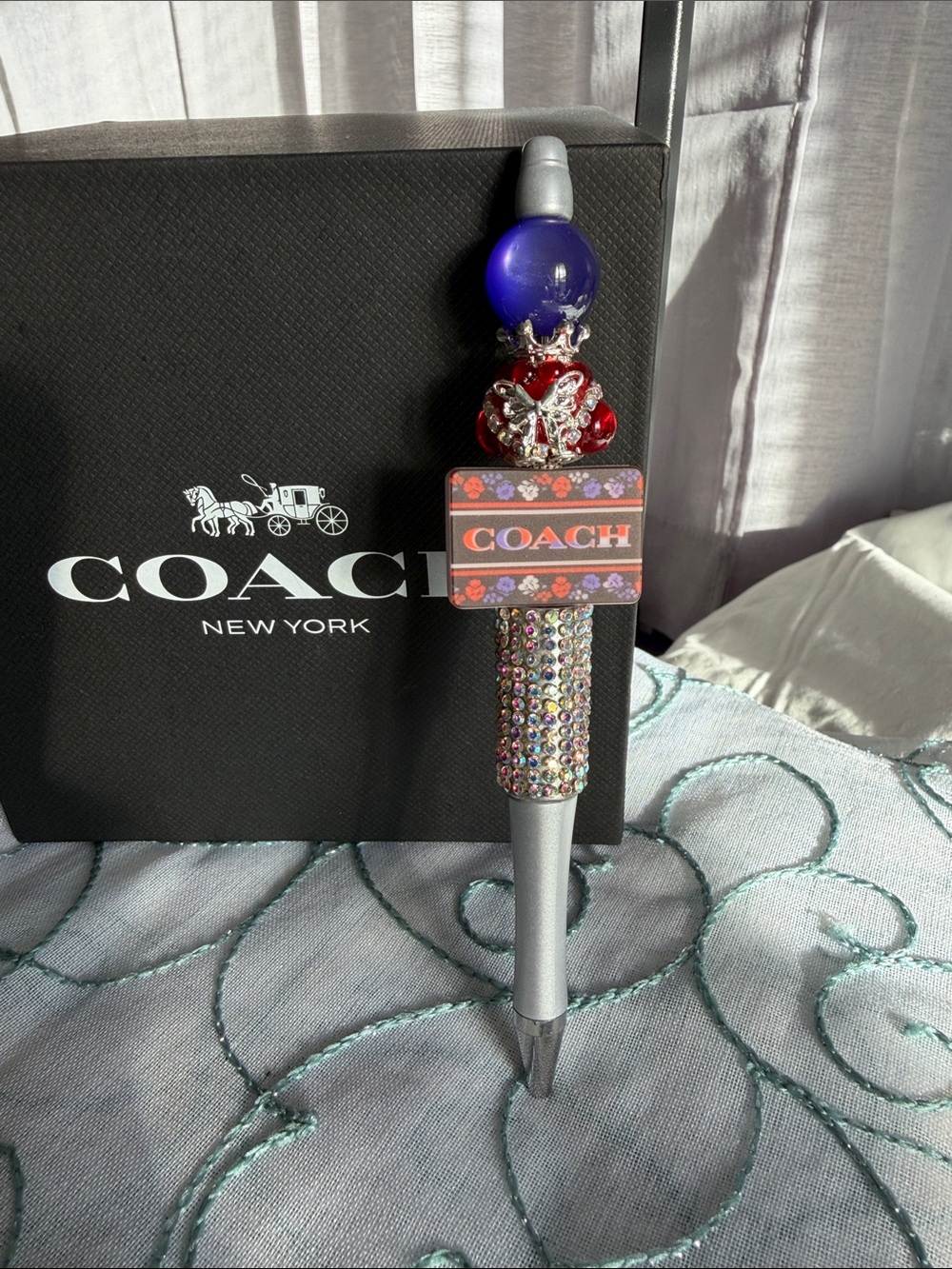 Coach Inspired Decorative Pen with Blue Orb and Red Accents